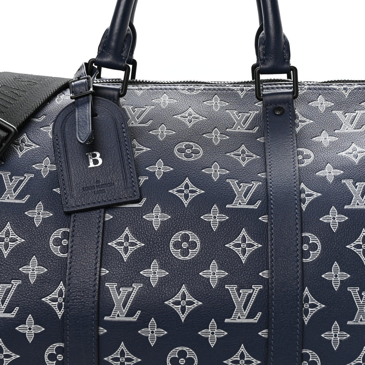 CALFSKIN SHADOW MONOGRAM KEEPALL BANDOULIERE 50 INK BLUE WHITE